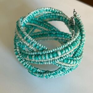 Aqua and white beaded braided cuff bracelet